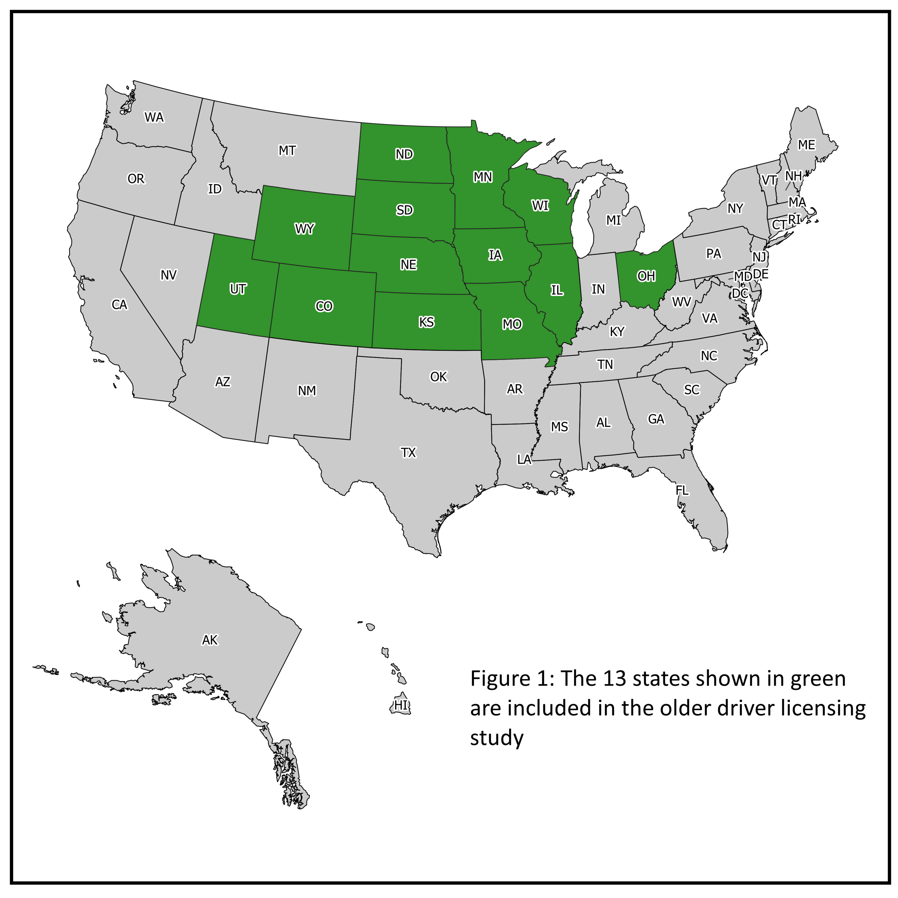 Map of states included in the older driver study