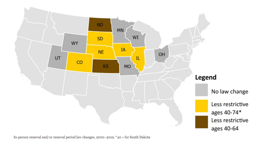 Map of law changes related to older drivers across 13 states